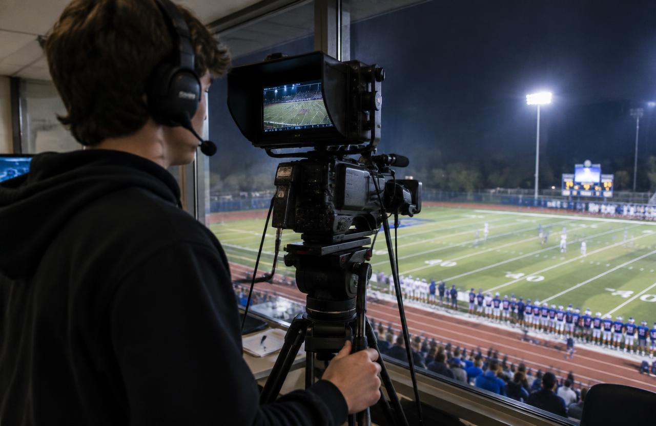 Student operating a broadcast camera